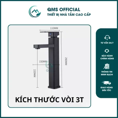 Vòi lavabo QMS Inox 304 vuông đen nóng lạnh