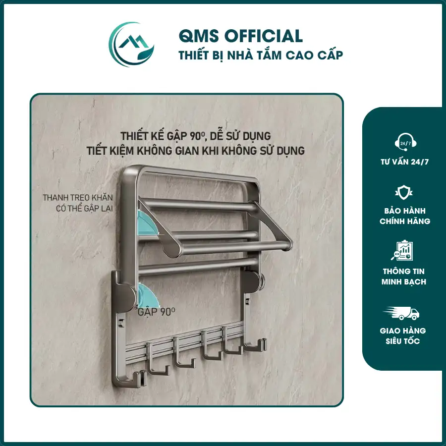 Trang chủ 29 - Giàn vắt khăn thanh ngang: 60*22*14cm - Thanh vắt khăn đôi: 60*9cm - Thanh treo đồ 8 móc di động: 60cm*5cm - Kệ góc 2 tầng dán tường: 22*22*4cm - Hộp giấy vệ sinh: 20*12.5cm - Bộ cọ bồn cầu: 34*10cm