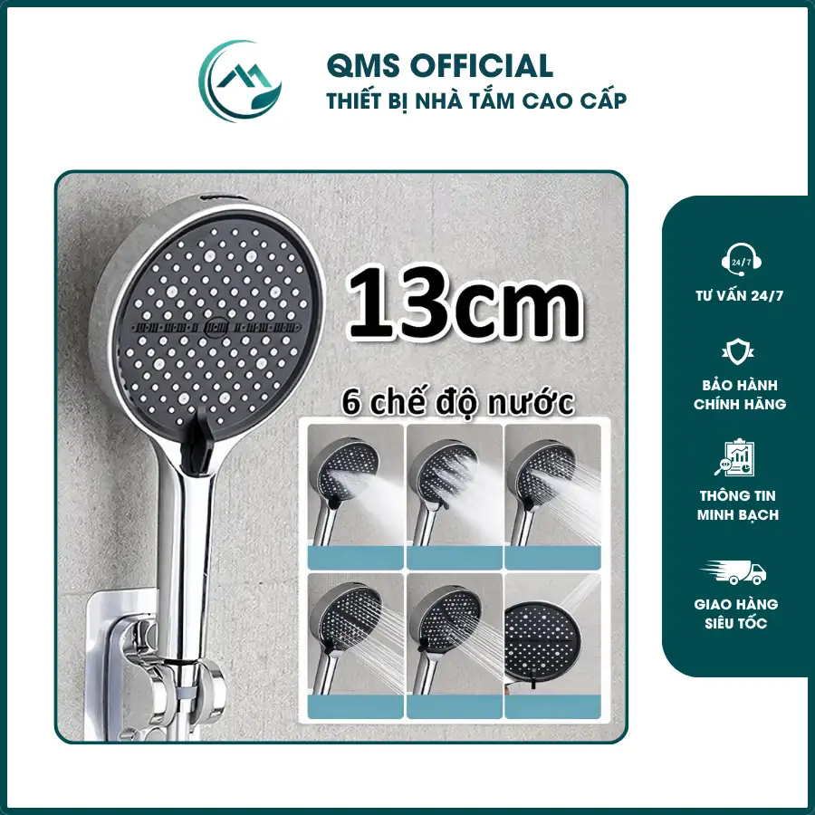 Trang chủ 36 Bộ vòi hoa sen nóng lạnh QMS, Tay sen mặt to 13cm 6 chế độ, dùng thay thế cho bát sen cây nhà tắm cao cấp